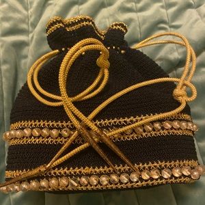 Vintage Draw String Purse Handbag Black Gold Beaded possibly 1920’s